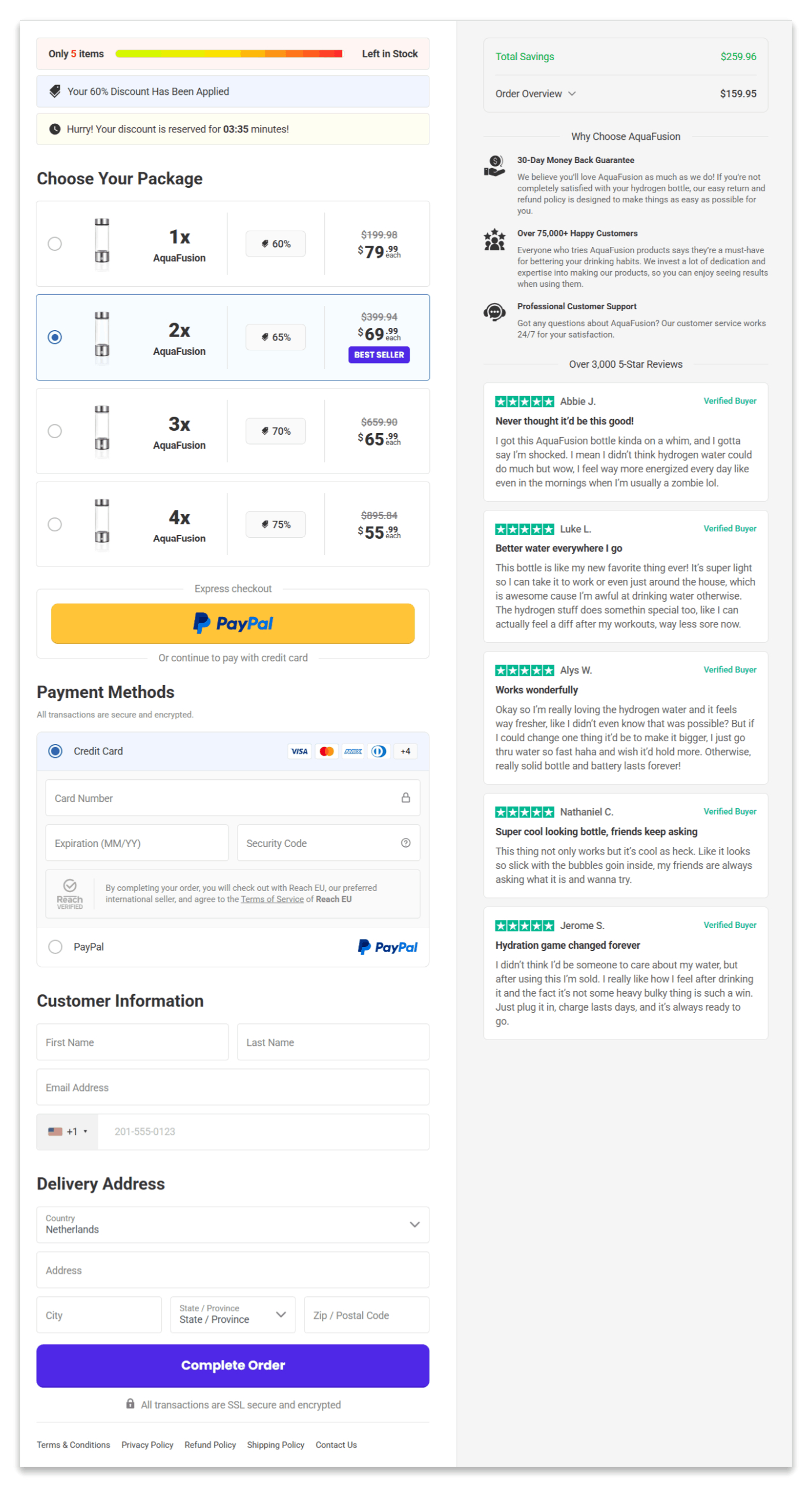 AquaFusion Hydrogen Bottle secure checkout page